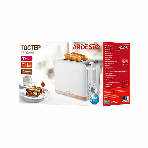 Тостер ARDESTO Wood Modern, 800Вт, метал, 2 слоти, білий