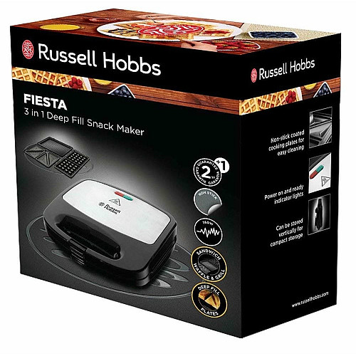 Мультимейкер Russell Hobbs Fiesta 750Вт, алюміній, 3 пластини, корпус-нержав.сталь/пластик, чорний