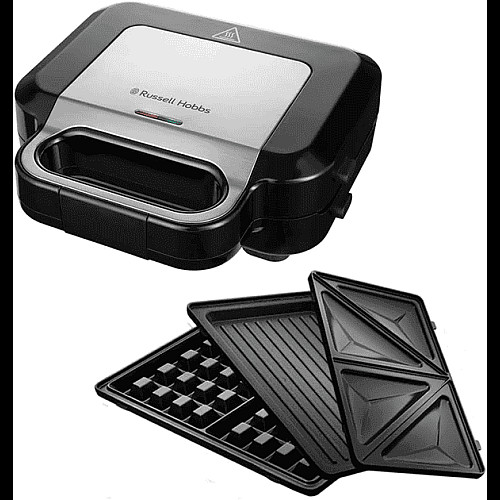 Мультимейкер Russell Hobbs, 750Вт, комплект-3 пластини, алюміній, корпус-нержав.сталь, пластик, чорний-срібний
