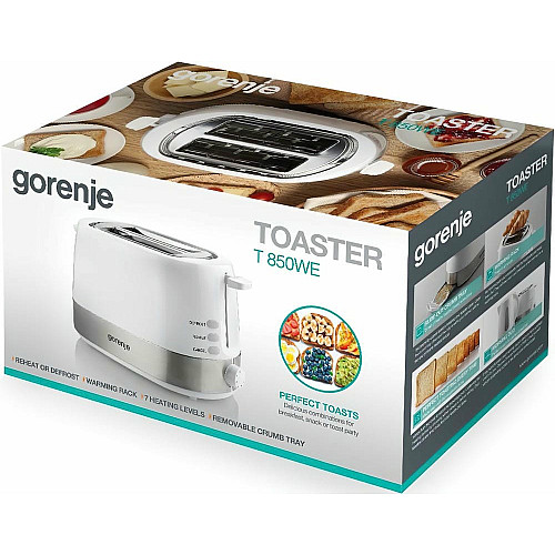 Тостер Gorenje, 850Вт, функц. размораживание, автоотключение, пластик/металл, белый