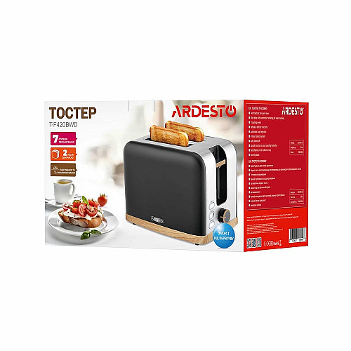 Тостер ARDESTO Wood Modern, 800Вт, метал, 2 слоти, чорний