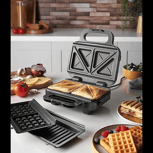 Мультимейкер Russell Hobbs, 750Вт, комплект-3 пластини, алюміній, корпус-нержав.сталь, пластик, чорний-срібний