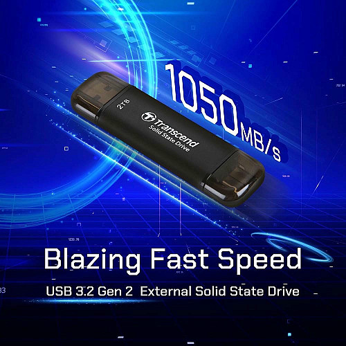 Портативный SSD Transcend 2TB USB 3.1 Gen 2 Type-A + Type-C ESD310 Черный