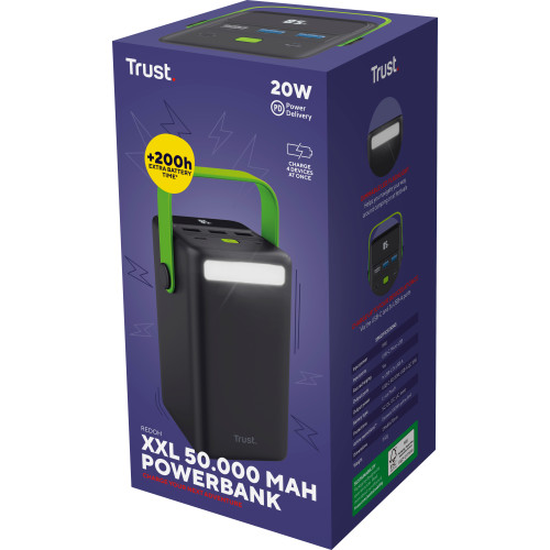 Акумулятор портативний літій-іонний power bank Trust Redoh XXL, 50000мА·год, 3хUSB-A/USB-C, 20W, чорний