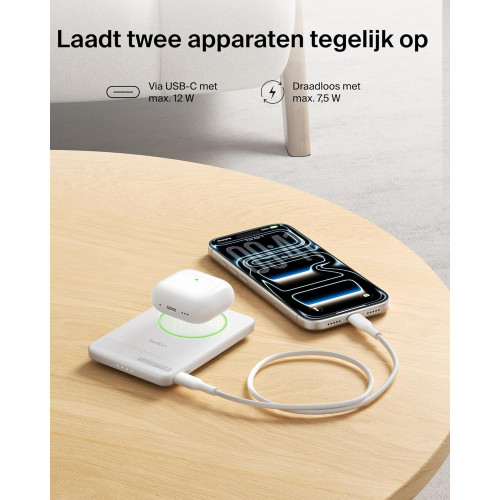 Акумулятор портативний літій-іонний Power Bank Belkin 5000мА·год, 20Вт PD/Qi2 15Вт, Magnetic Kickstand, білий