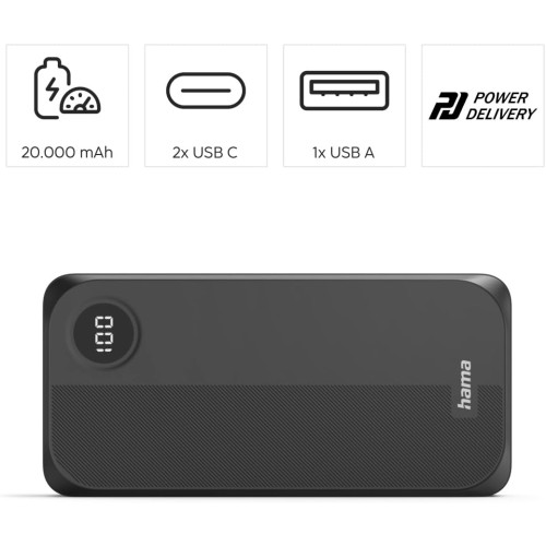 Акумулятор портативний літій-іонний Power Bank Hama 20000 мА·год, 2хUSB-C/USB-A, black