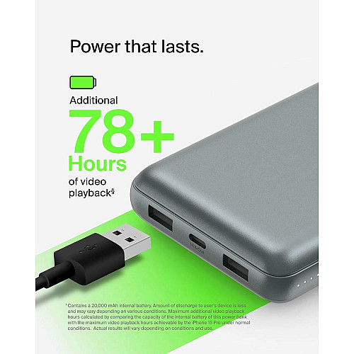 Акумулятор портативний літій-іонний Power Bank Belkin 20000мА·год, 15Вт, 2хUSB-A/USB-C, cірий