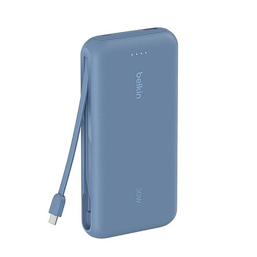 Аккумулятор портативный литий-ионный Power Bank Belkin 20000мА·ч, 30Вт, с интегрированным кабелем USB-C, синий