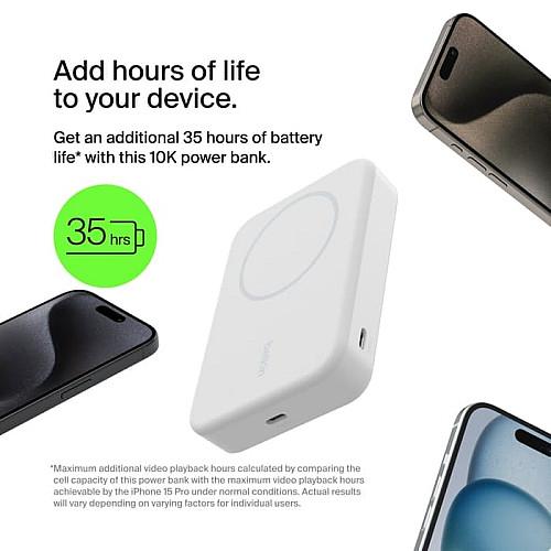 Аккумулятор портативный литий-ионный Power Bank Belkin 8000мА·ч, 15Вт, Magnetic Qi2, белый