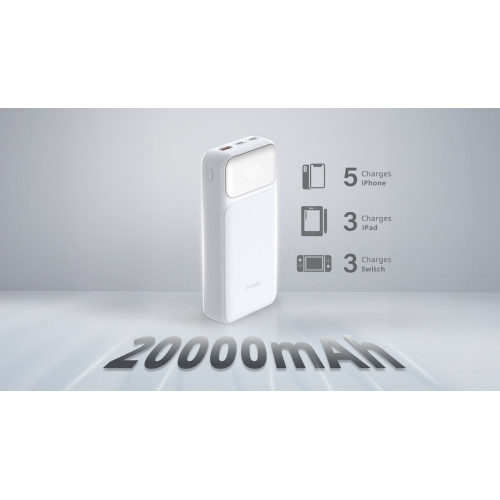 Акумулятор портативний літій-іонний Power Bank D-Link 20000мА*год, 65Вт PD 3.0, QC 3.0, 2xUSB-C, 1xUSB-A з дисплеєм, білий