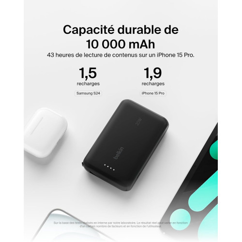 Акумулятор портативний літій-іонний Power Bank Belkin 10000мА·год, 20Вт, з інтегрованим кабелем USB-C, чорний