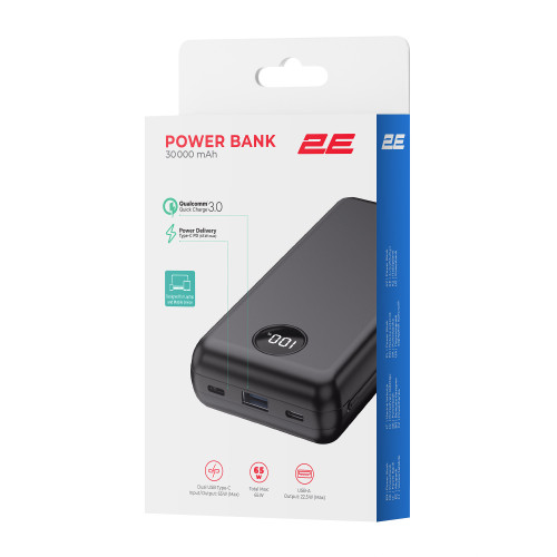 Акумулятор портативний літій-іонний Power Bank 2E 30000мА·год, 65Вт, PD, QC, чорний