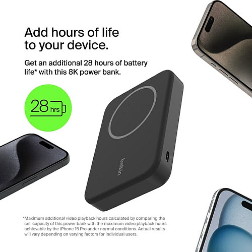 Акумулятор портативний літій-іонний Power Bank Belkin 8000мА·год, 15Вт, Magnetic Qi2, чорний