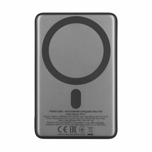 Акумулятор портативний літій-іонний Power Bank 2E Slim Wireless QI 10000мА·год, 20Вт, PD, сірий