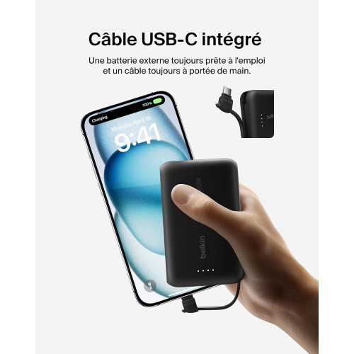 Акумулятор портативний літій-іонний Power Bank Belkin 10000мА·год, 20Вт, з інтегрованим кабелем USB-C, чорний