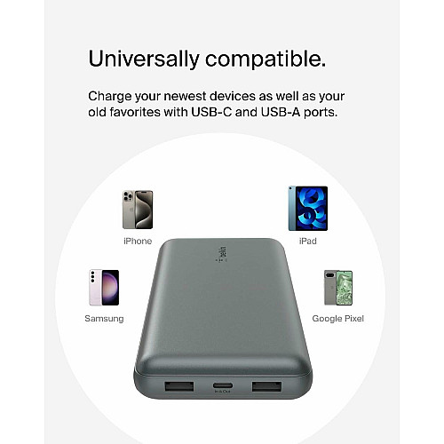 Акумулятор портативний літій-іонний Power Bank Belkin 20000мА·год, 15Вт, 2хUSB-A/USB-C, cірий