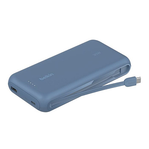 Аккумулятор портативный литий-ионный Power Bank Belkin 20000мА·ч, 30Вт, с интегрированным кабелем USB-C, синий