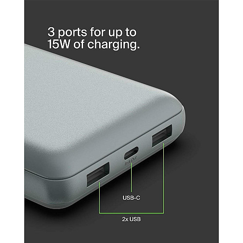 Акумулятор портативний літій-іонний Power Bank Belkin 20000мА·год, 15Вт, 2хUSB-A/USB-C, cірий