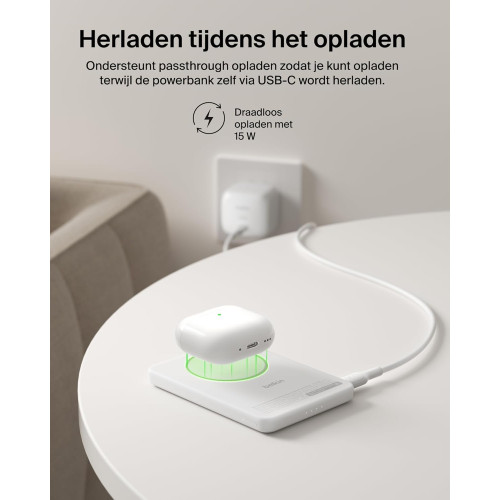 Акумулятор портативний літій-іонний Power Bank Belkin 5000мА·год, 20Вт PD/Qi2 15Вт, Magnetic Kickstand, білий
