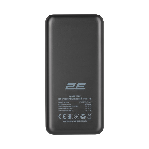 Акумулятор портативний літій-іонний Power Bank 2E 20000мА·год, USB-C/microUSB/USB-А, чорний
