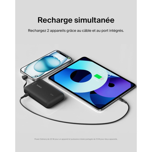 Акумулятор портативний літій-іонний Power Bank Belkin 10000мА·год, 20Вт, з інтегрованим кабелем USB-C, чорний