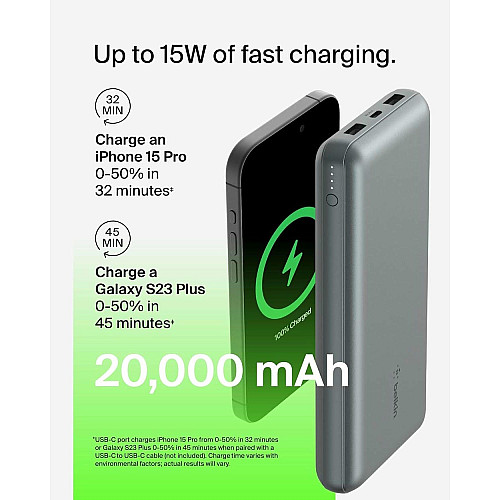 Акумулятор портативний літій-іонний Power Bank Belkin 20000мА·год, 15Вт, 2хUSB-A/USB-C, cірий