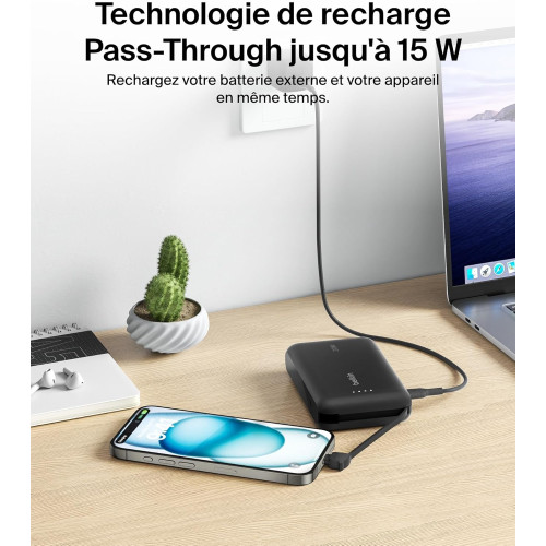 Акумулятор портативний літій-іонний Power Bank Belkin 10000мА·год, 20Вт, з інтегрованим кабелем USB-C, чорний