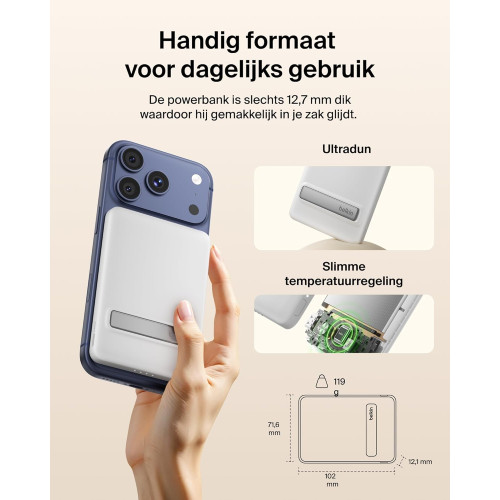Акумулятор портативний літій-іонний Power Bank Belkin 5000мА·год, 20Вт PD/Qi2 15Вт, Magnetic Kickstand, білий