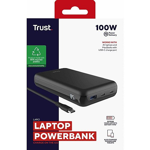 Акумулятор портативний літій-іонний power bank Trust Laro, 20000 мА·год, USB-A/2хUSB-C, 100w, чорний