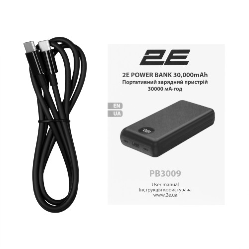 Акумулятор портативний літій-іонний Power Bank 2E 30000мА·год, 65Вт, PD, QC, чорний