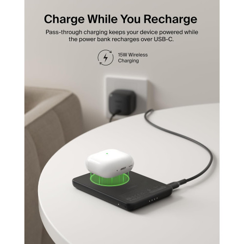 Акумулятор портативний літій-іонний Power Bank Belkin 5000мА·год, 20Вт PD/Qi2 15Вт, Magnetic Kickstand, чорний
