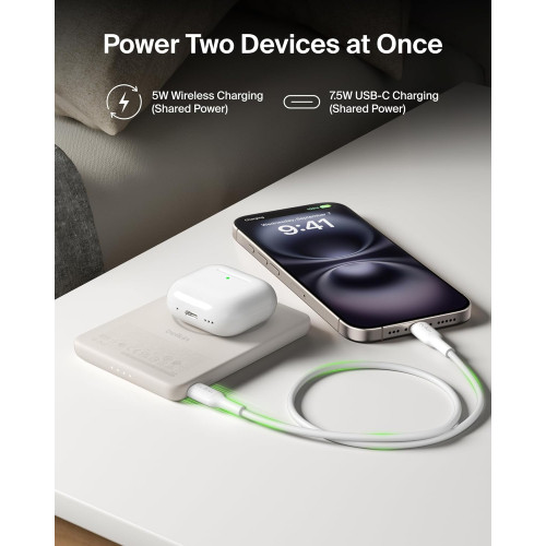 Акумулятор портативний літій-іонний Power Bank Belkin 5000мА·год, 15Вт/Qi2 7.5Вт, Slim Magnetic Ring, пісочний