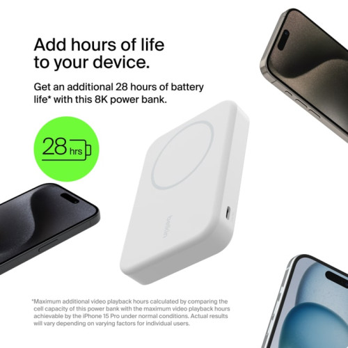 Акумулятор портативний літій-іонний Power Bank Belkin 10000мА·год, 15Вт, Magnetic Qi2, білий