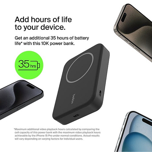 Акумулятор портативний літій-іонний Power Bank Belkin 10000мА·год, 15Вт, Magnetic Qi2, чорний