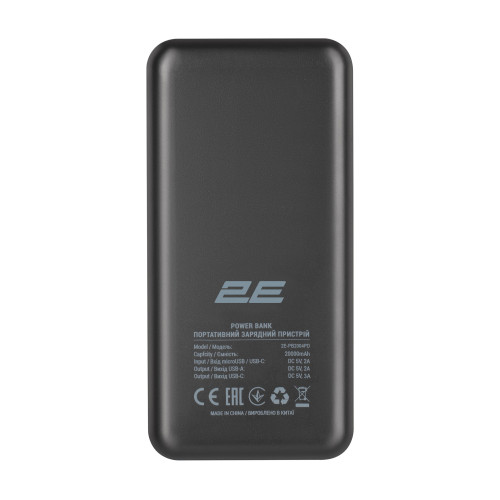 Акумулятор портативний літій-іонний Power Bank 2E 20000мА·год, PD, QC 18Вт, чорний