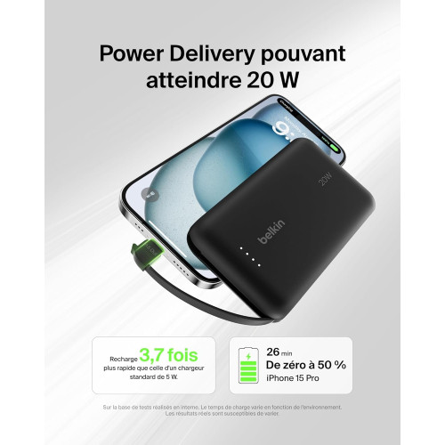 Акумулятор портативний літій-іонний Power Bank Belkin 10000мА·год, 20Вт, з інтегрованим кабелем USB-C, чорний