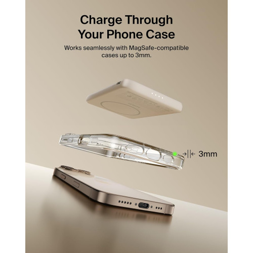 Акумулятор портативний літій-іонний Power Bank Belkin 5000мА·год, 15Вт/Qi2 7.5Вт, Slim Magnetic Ring, пісочний
