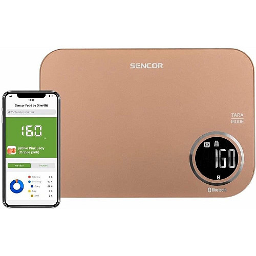 Ваги Sencor кухонні, 5кг, підключення до смартфону, AAAx2 , пластик, золотий