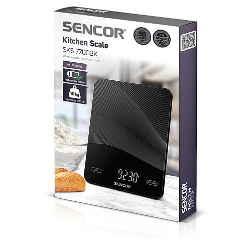 Весы кухонные Sencor, 10кг, аккумулятор 250mAh, USB-C, смысл. упр., стекло, черный