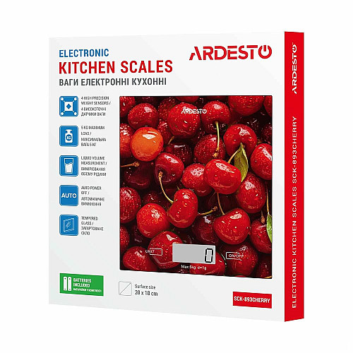 Весы ARDESTO кухонные CHERRY, 5кг, AAAx2 в комплекте, стекло, многоцветный