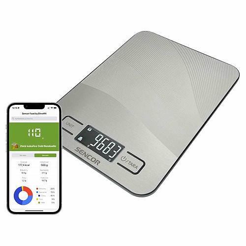 Весы Sencor кухонные, 10кг, подключение к смартфону, AAAx2, серый