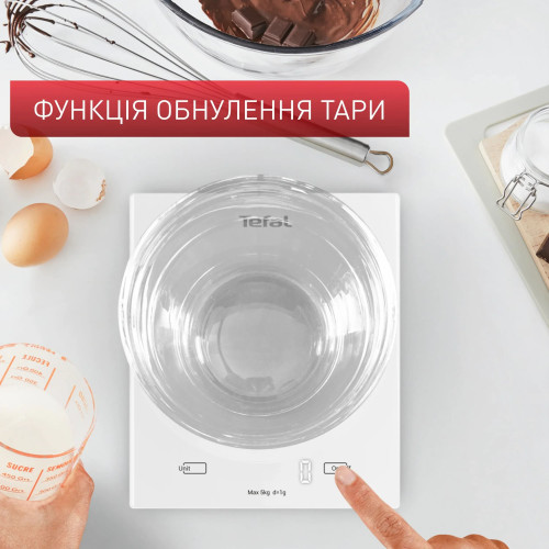 Ваги Tefal кухонні Essential, 5кг, AAAx2 в комплекті, скло, білий