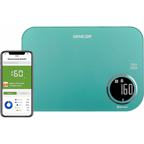 Весы Sencor кухонные, 5кг, подключение к смартфону, AAAx2, пластик, зеленый