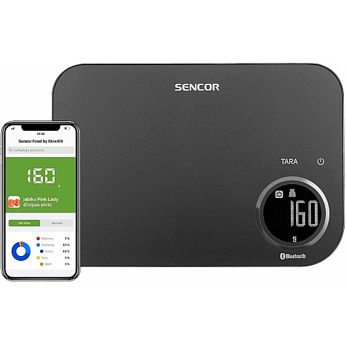 Ваги Sencor кухонні, 8кг, підключення до смартфону, AAAx2, пластик, чорний