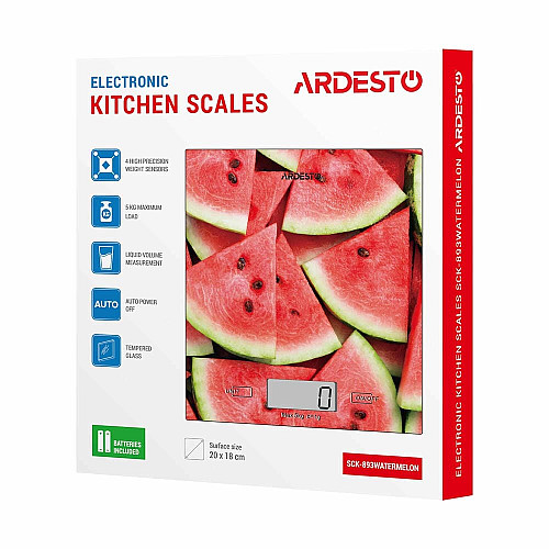 Ваги ARDESTO кухонні Wаtermelon, 5кг, AAAx2 в комплекті, скло, багатокольоровий