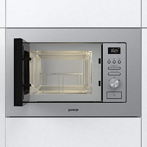 Микроволновая печь Gorenje встраиваемая, 20л, мех. управл., 800Вт, гриль, дисплей, инвертор, нерж