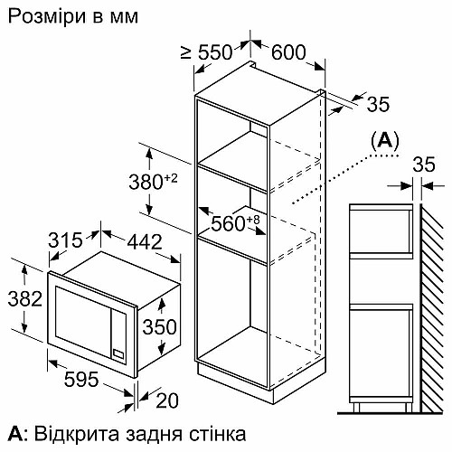 Мікрохвильова піч Bosch вбудована, 20л, електр. керув., 800Вт, дисплей, чорний
