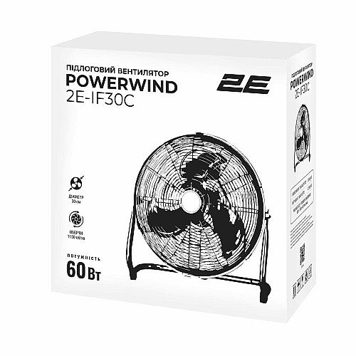 Вентилятор підлоговий 2E PowerWind 30C професійний, 30см, 60Вт, кнопки, двигун мідь 100%, срібний