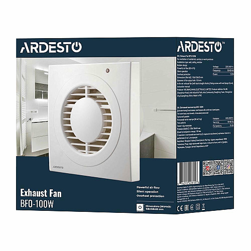 Вытяжной вентилятор ARDESTO 15 Вт, 80 м3/ч, 2400 об/мин, 33 дБ, белый