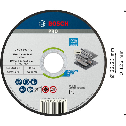 Диск відрізний Bosch Professional для нержавіючої сталі та металу, 125x1.6x22.23мм, 100шт
